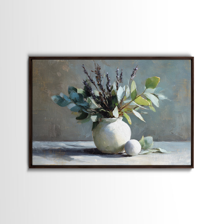 Lavender Sprigs in a Ceramic Vase Framed Canvas Print, Bathroom Art, Bathroom Decor, Oil Painting, Spa, Bathroom Accessories, BAT-3x2-40