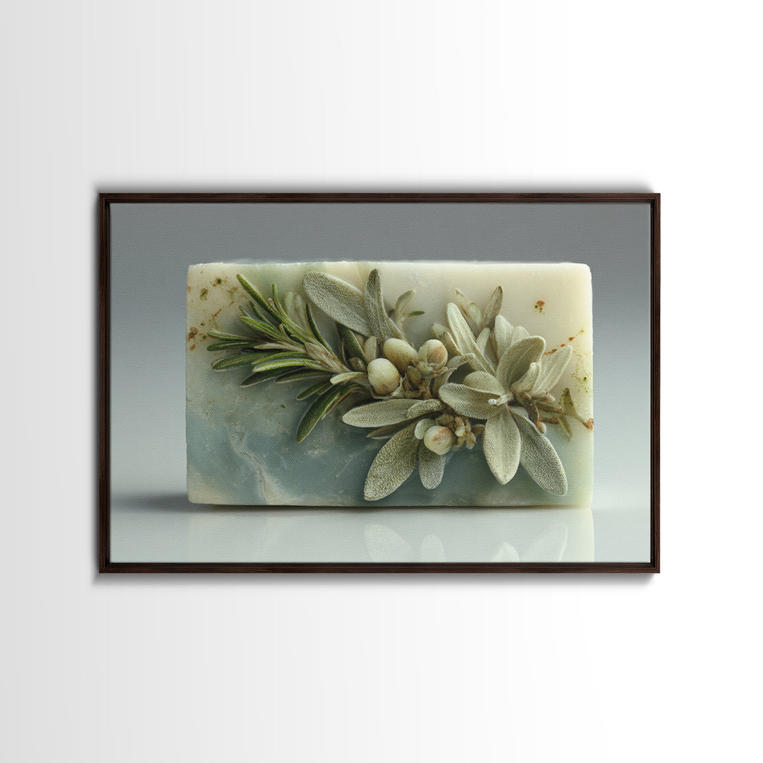 Botanical Bath Herb Arrangement Framed Canvas Print, Bathroom Art, Dopamine Decor, Bathroom Decor, Fine Art, Spa, Halloween Art, BAT-3x2-45