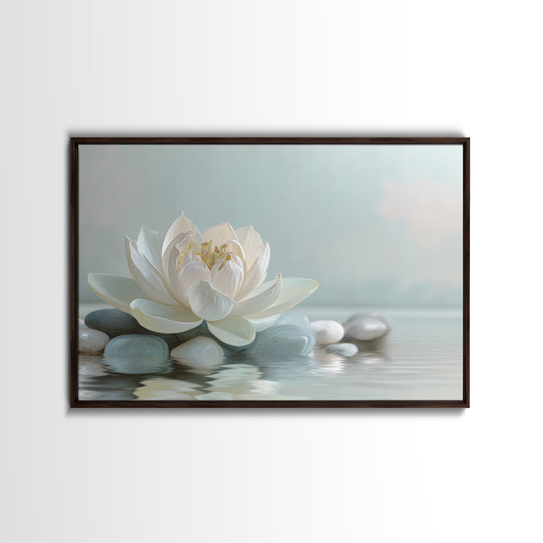 Lotus Flower Floating on Calm Water Canvas Print, Bathroom Art, Framed Wall Art, Bathroom Decor, Spa, Bathroom Art Decor, BAT-3x2-48