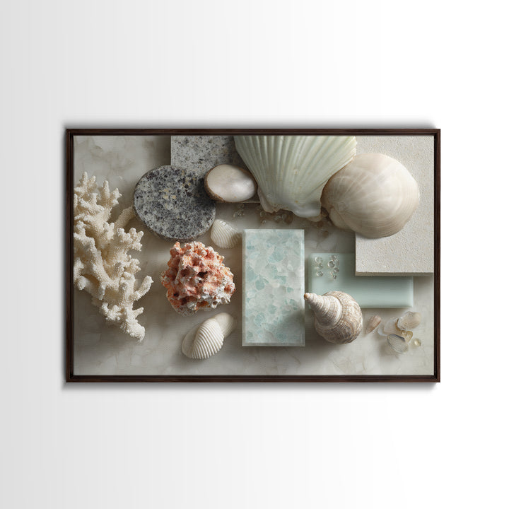 Coral and Shell Arrangement Framed Canvas Print, Bathroom Art, Contemporary Art, Bathroom Decor, Fine Art, Spa, Framed Wall Art, BAT-3x2-63