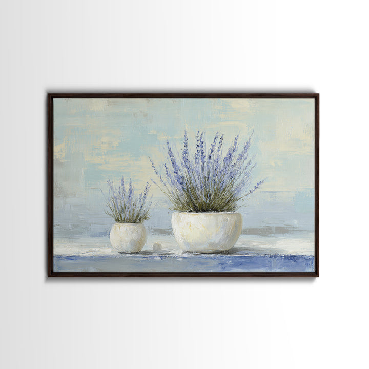 Lavender Sprigs in a Ceramic Vase Framed Canvas Print, Bathroom Art, Retro Wall Art, Bathroom Decor, Abstract Art, Spa, BAT-3x2-64
