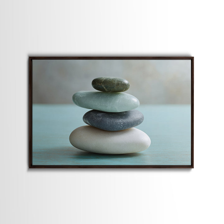 Monochrome Pebble Stack Framed Canvas Print, Bathroom Art, Bathroom Decor, Watercolor Art, Spa, Funny Bathroom Art, BAT-3x2-65
