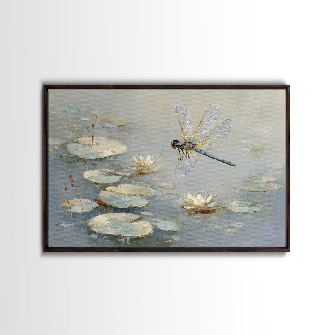 Delicate Dragonfly Above a Pond Surface Canvas Print, Bathroom Art, Unique Wall Art, Bathroom Decor, Spa, Gallery Decor, BAT-3x2-76