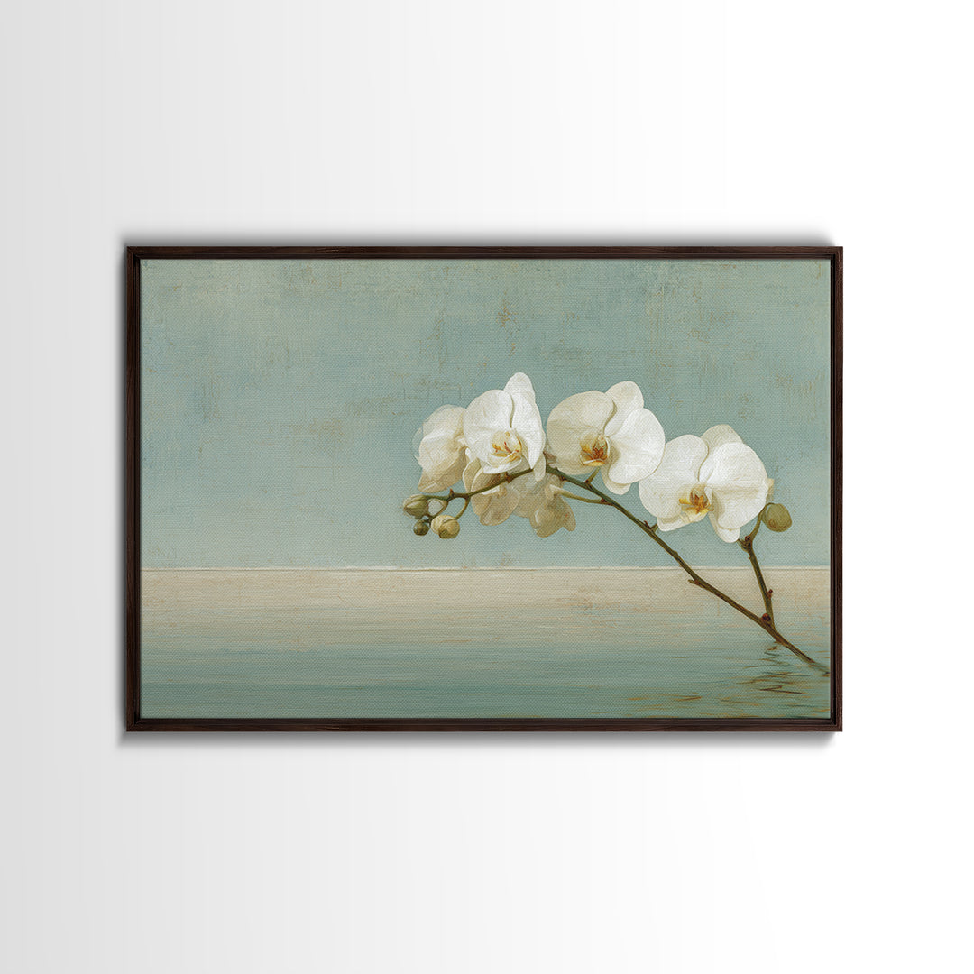 White Orchid on Warm Stone Background Framed Canvas Print, Bathroom Art, Poster, Bathroom Decor, Oil Painting, Spa, BAT-3x2-8