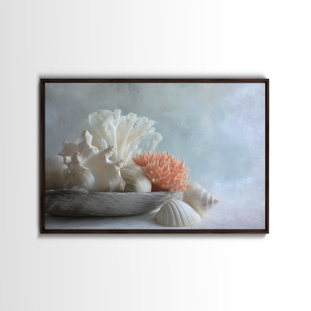 Coral and Shell Arrangement Framed Canvas Print, Bathroom Art, Bathroom Accessories, Bathroom Decor, Spa, Fine Art Print, BAT-3x2-87