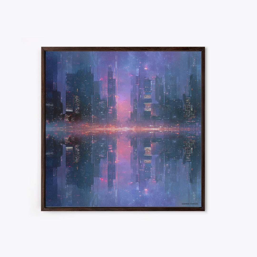Monochrome City Skyline Reflected Framed Canvas Print, Black and White Art, Living Room Decor, Abstract Art, Monochrome, BAW-1x1-11