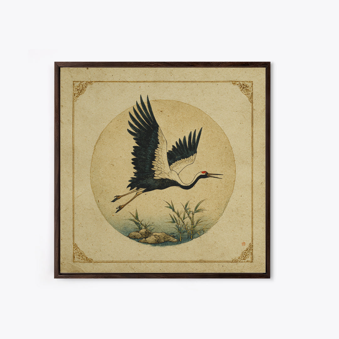 Black Ink Crane Flying Across Empty Sky Canvas Print, Black and White Art, Photo Prints, Living Room Decor, Watercolor Art, BAW-1x1-13