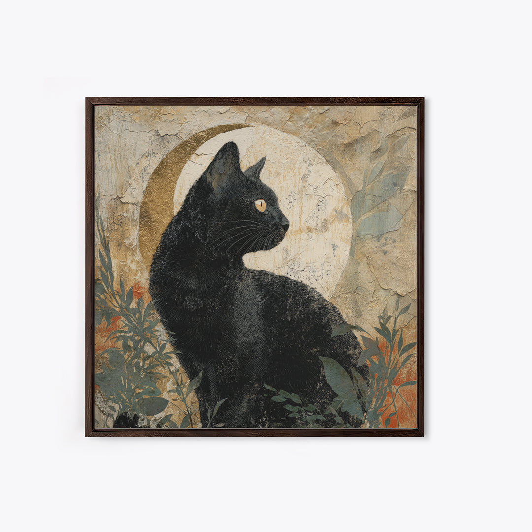 Black Cat Silhouette Framed Canvas Print, Black and White Art, Abstract Art, Living Room Decor, Watercolor Art, Monochrome, BAW-1x1-16