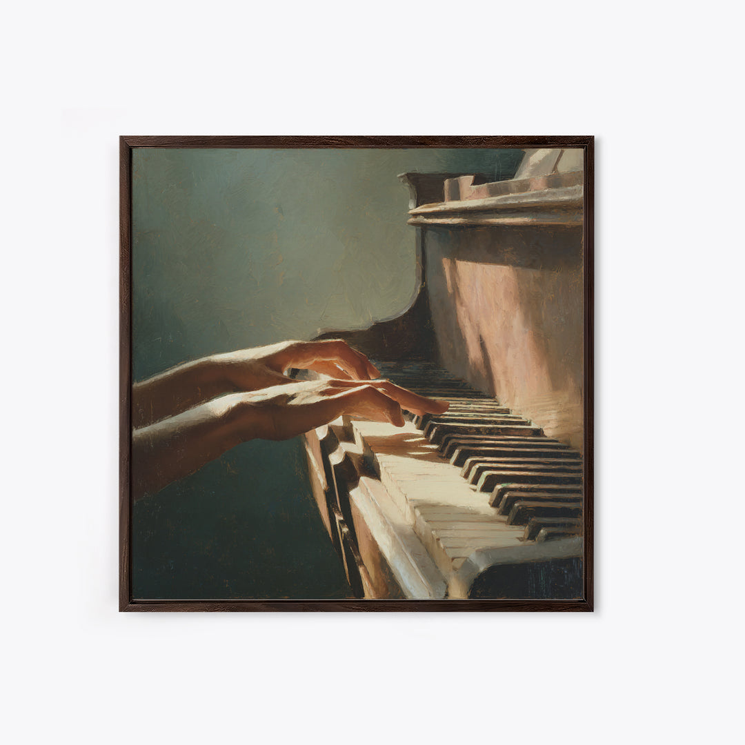 Piano Keys and Hands Canvas Print, Black and White Art, Modern Wall Art, Living Room Decor, Oil Painting, Monochrome, BAW-1x1-22