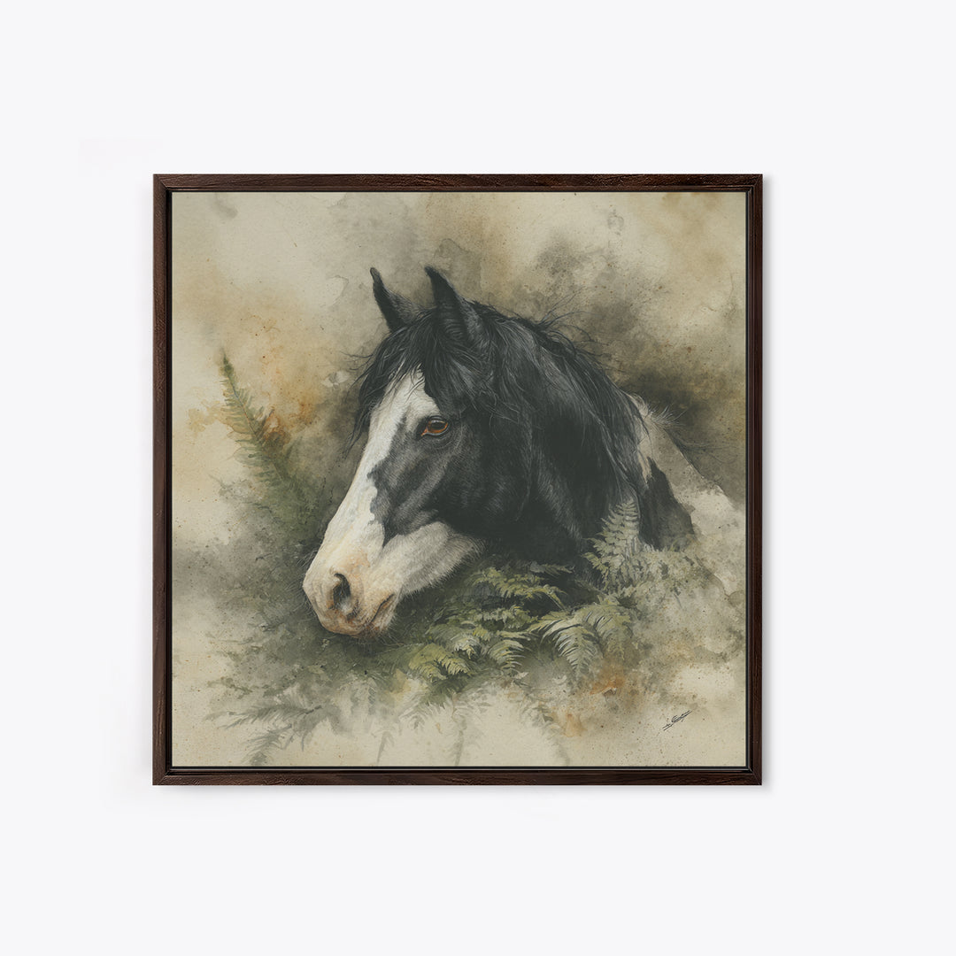 Black and White Wild Horse Portrait Framed Canvas Print, Black and White Art, Textured Painting, Living Room Decor, Monochrome, BAW-1x1-29