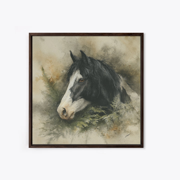 Black and White Wild Horse Portrait Framed Canvas Print, Black and White Art, Textured Painting, Living Room Decor, Monochrome, BAW-1x1-29