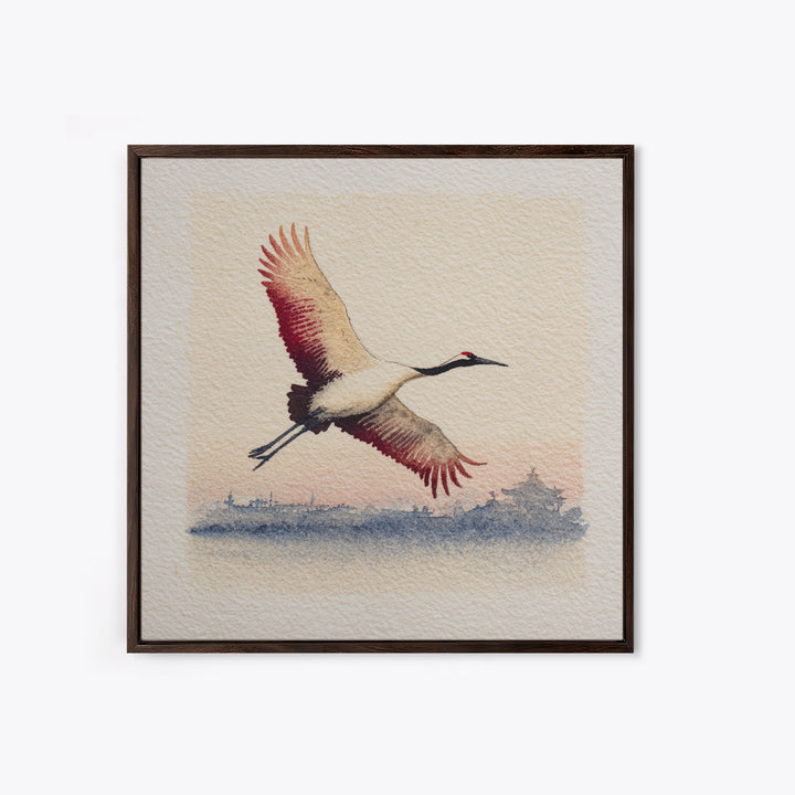 Black Ink Crane Flying Across Empty Sky Canvas Print, Black and White Art, Boho Decor, Living Room Decor, Monochrome, BAW-1x1-37