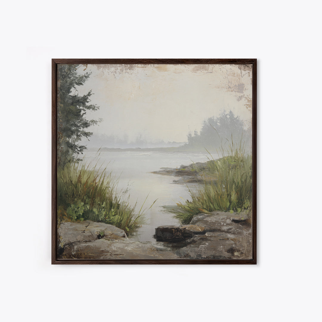 Misty Bridge Landscape Framed Canvas Print, Black and White Art, Modern Wall Art, Living Room Decor, Fine Art, Monochrome, BAW-1x1-43