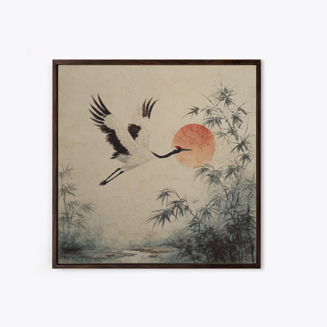 Black Ink Crane Flying Across Empty Sky Canvas Print, Black and White Art, Boho Decor, Living Room Decor, Monochrome, BAW-1x1-61