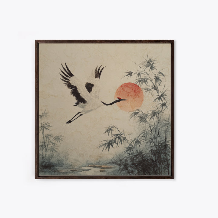 Black Ink Crane Flying Across Empty Sky Canvas Print, Black and White Art, Boho Decor, Living Room Decor, Monochrome, BAW-1x1-61