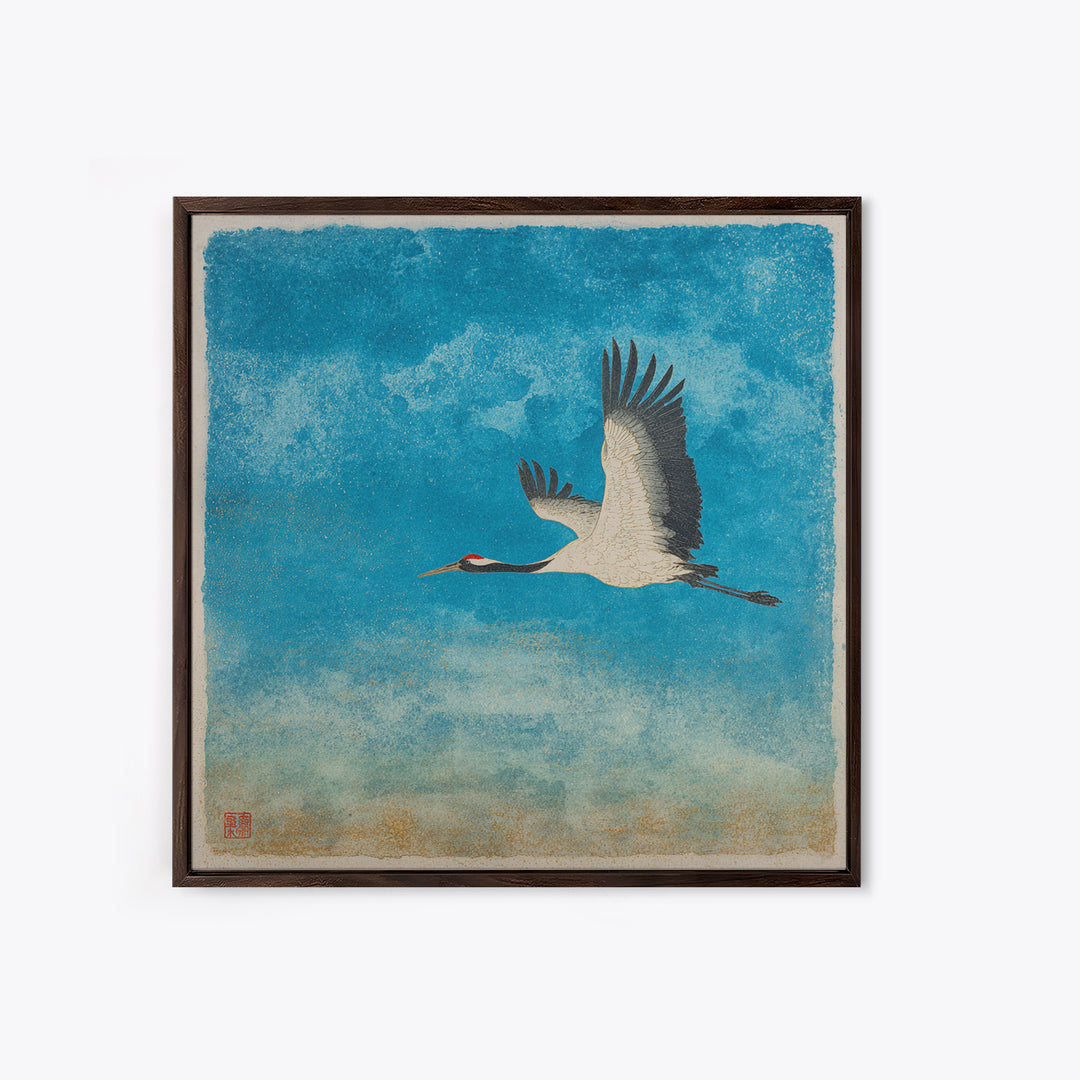 Black Ink Crane Flying Across Empty Sky Canvas Print, Black and White Art, Minimalist Decor, Living Room Decor, Monochrome, BAW-1x1-85