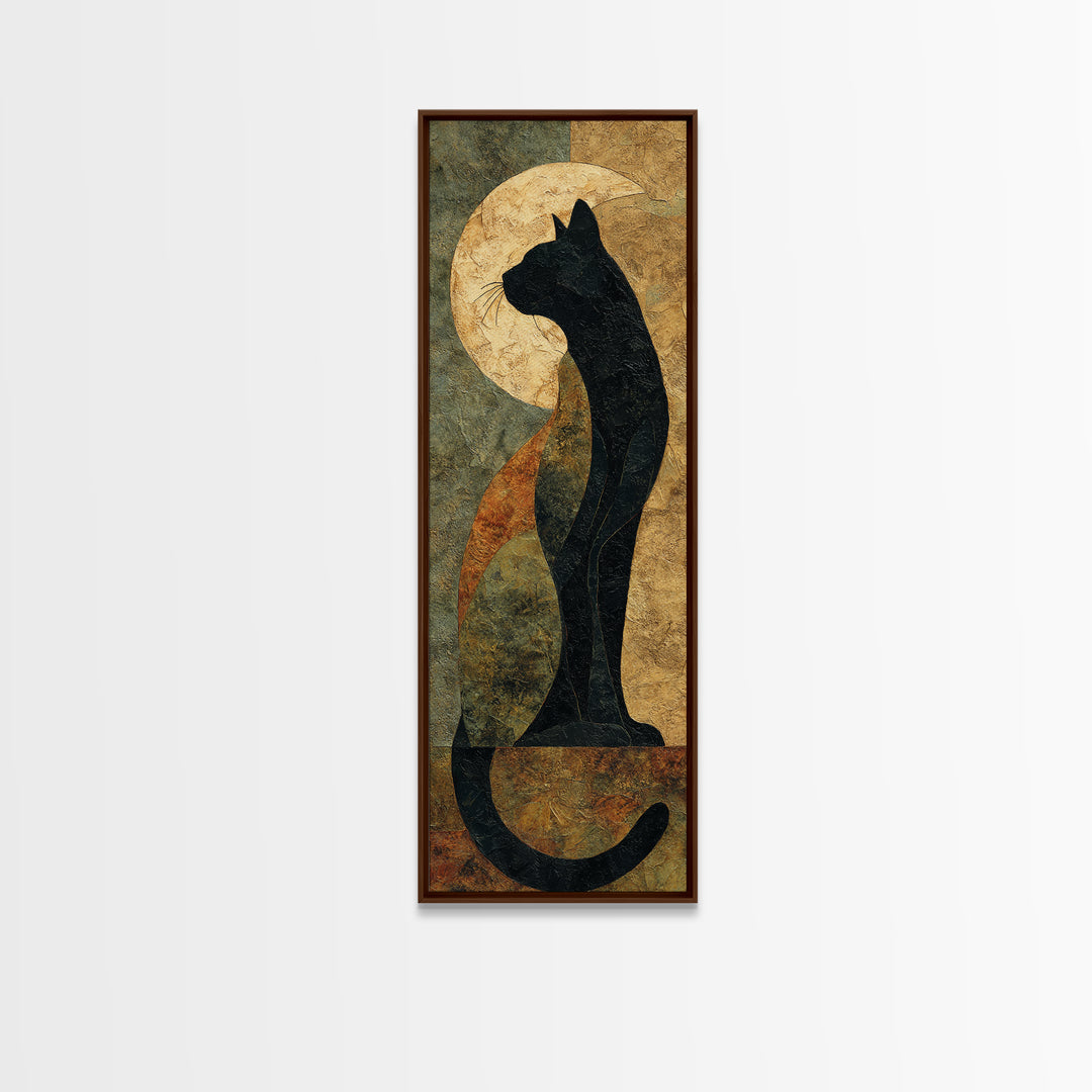 Black Cat Silhouette Canvas Print, Black and White Art, Digital Prints, Living Room Decor, Fine Art, Monochrome, Wood Wall Art, BAW-1x3-28