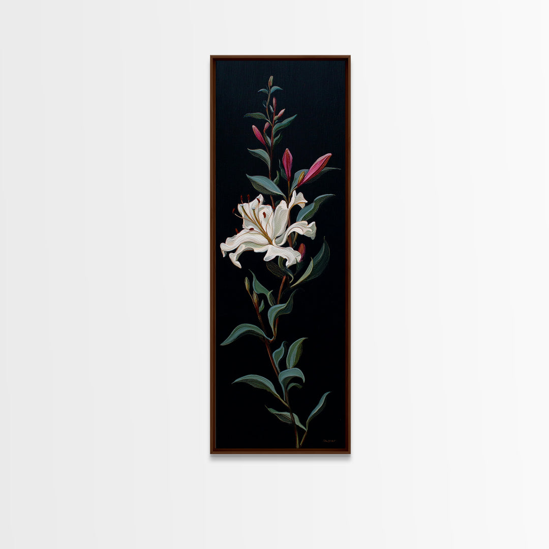 White Flower on Deep Black Background Canvas Print, Black and White Art, Digital Art, Living Room Decor, Watercolor Art, BAW-1x3-48