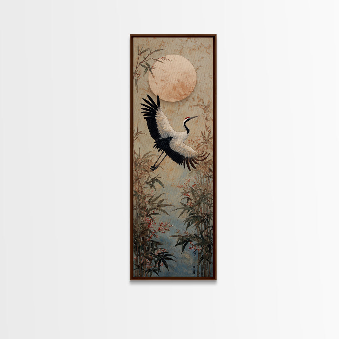 Black Ink Crane Flying Across Empty Sky Canvas Print, Black and White Art, Modern Decor, Living Room Decor, Monochrome, BAW-1x3-49