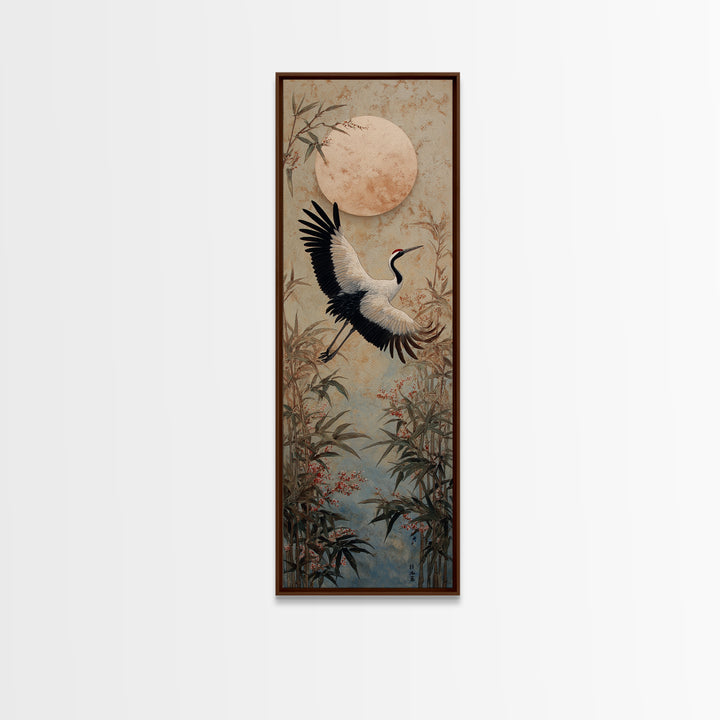 Black Ink Crane Flying Across Empty Sky Canvas Print, Black and White Art, Modern Decor, Living Room Decor, Monochrome, BAW-1x3-49
