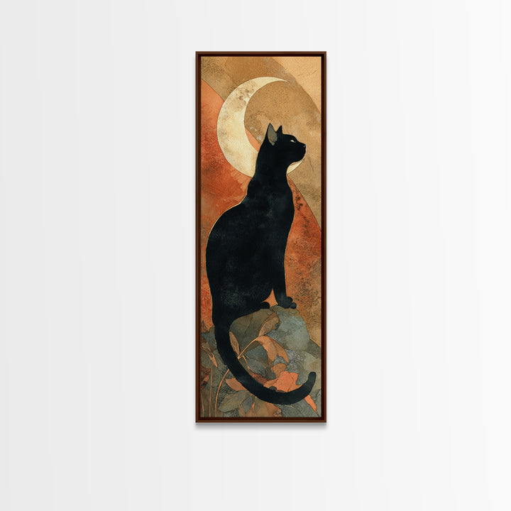 Black Cat Silhouette Framed Canvas Print, Black and White Art, Modern Wall Art, Living Room Decor, Oil Painting, Monochrome, BAW-1x3-76