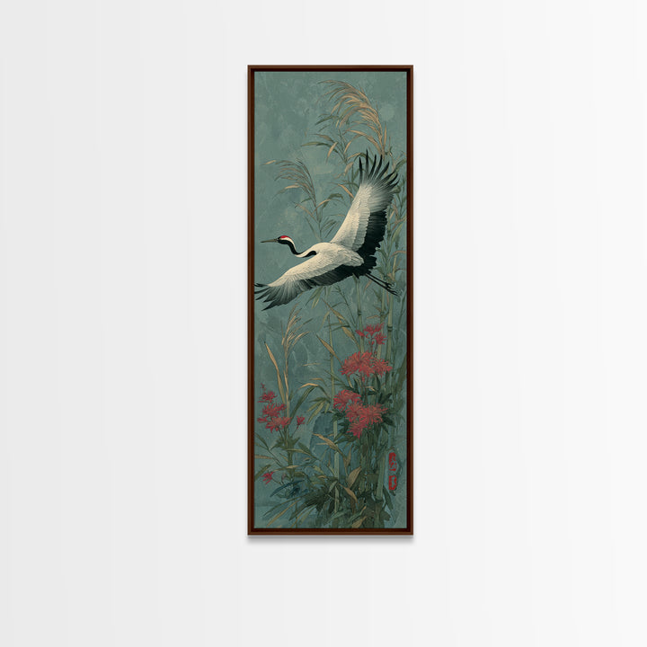 Black Ink Crane Flying Across Empty Sky Canvas Print, Black and White Art, Boho Decor, Living Room Decor, Oil Painting, BAW-1x3-97