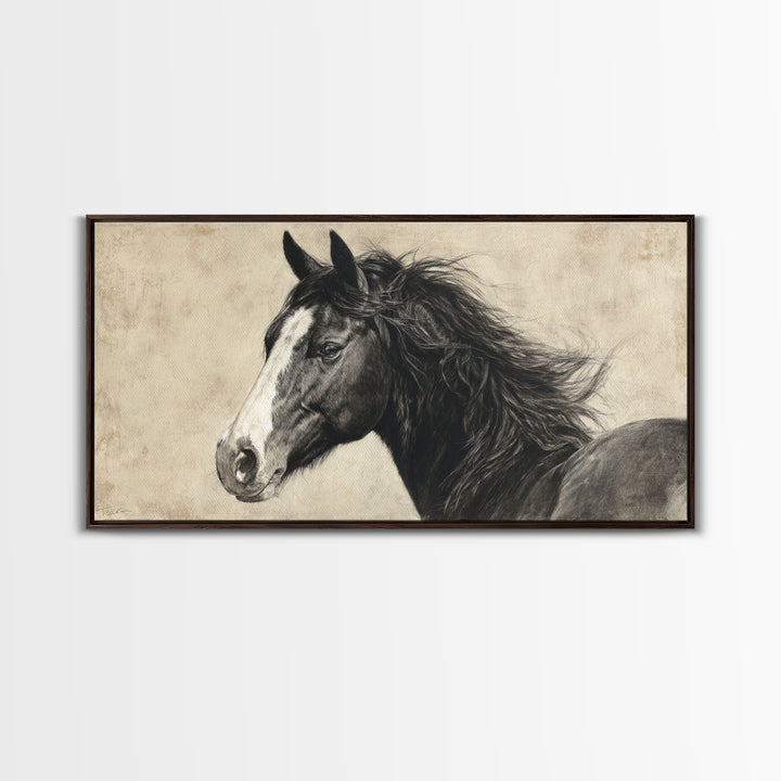 Black and White Wild Horse Portrait Framed Canvas Print, Black and White Art, Art Print, Living Room Decor, Monochrome, BAW-2x1-1