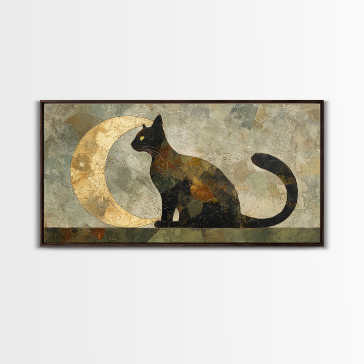 Black Cat Silhouette Framed Canvas Print, Black and White Art, Room Decor, Living Room Decor, Fine Art, Monochrome, Art Print, BAW-2x1-12