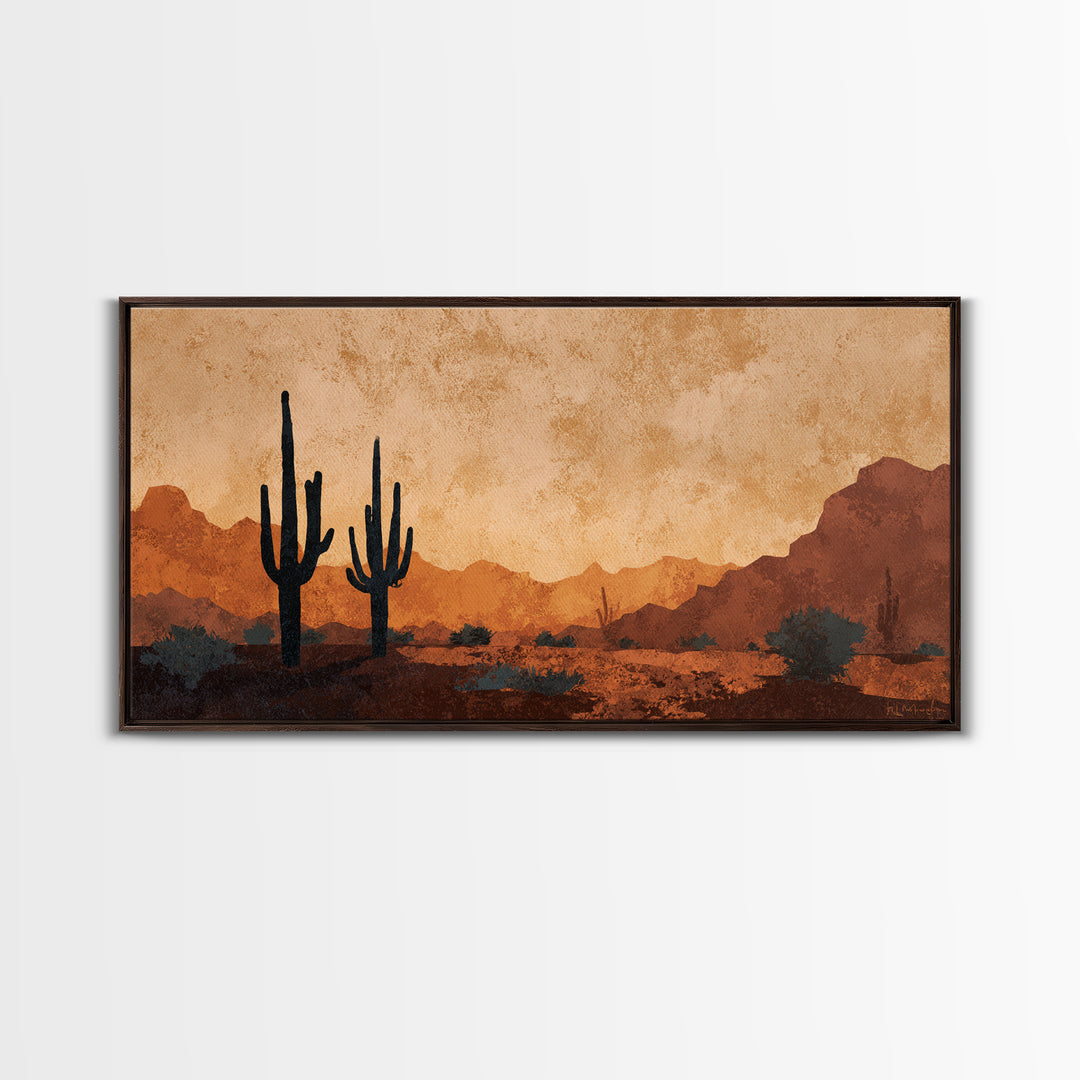 Monochrome Desert Cactus Silhouette Canvas Print, Black and White Art, Print, Living Room Decor, Watercolor Art, Monochrome, BAW-2x1-17