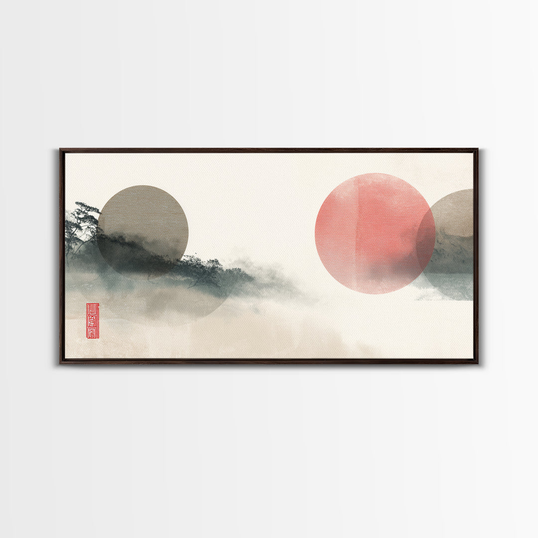Large Circle and Line Abstract Framed Canvas Print, Black and White Art, Statement Artwork, Living Room Decor, Abstract Art, BAW-2x1-20