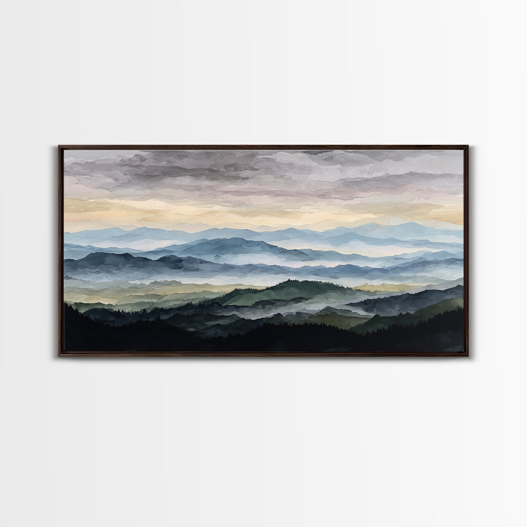Black Ink Mountain Range Canvas Print, Black and White Art, Textured Painting, Living Room Decor, Watercolor Art, Monochrome, BAW-2x1-22