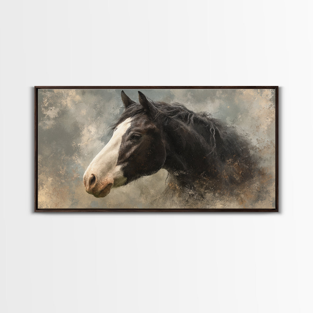 Black and White Wild Horse Portrait Framed Canvas Print, Black and White Art, Art Print, Living Room Decor, Monochrome, BAW-2x1-25