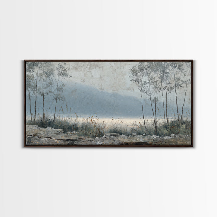 Moody Foggy Forest Framed Canvas Print, Black and White Art, Boho Decor, Living Room Decor, Monochrome, Halloween Decor, BAW-2x1-27