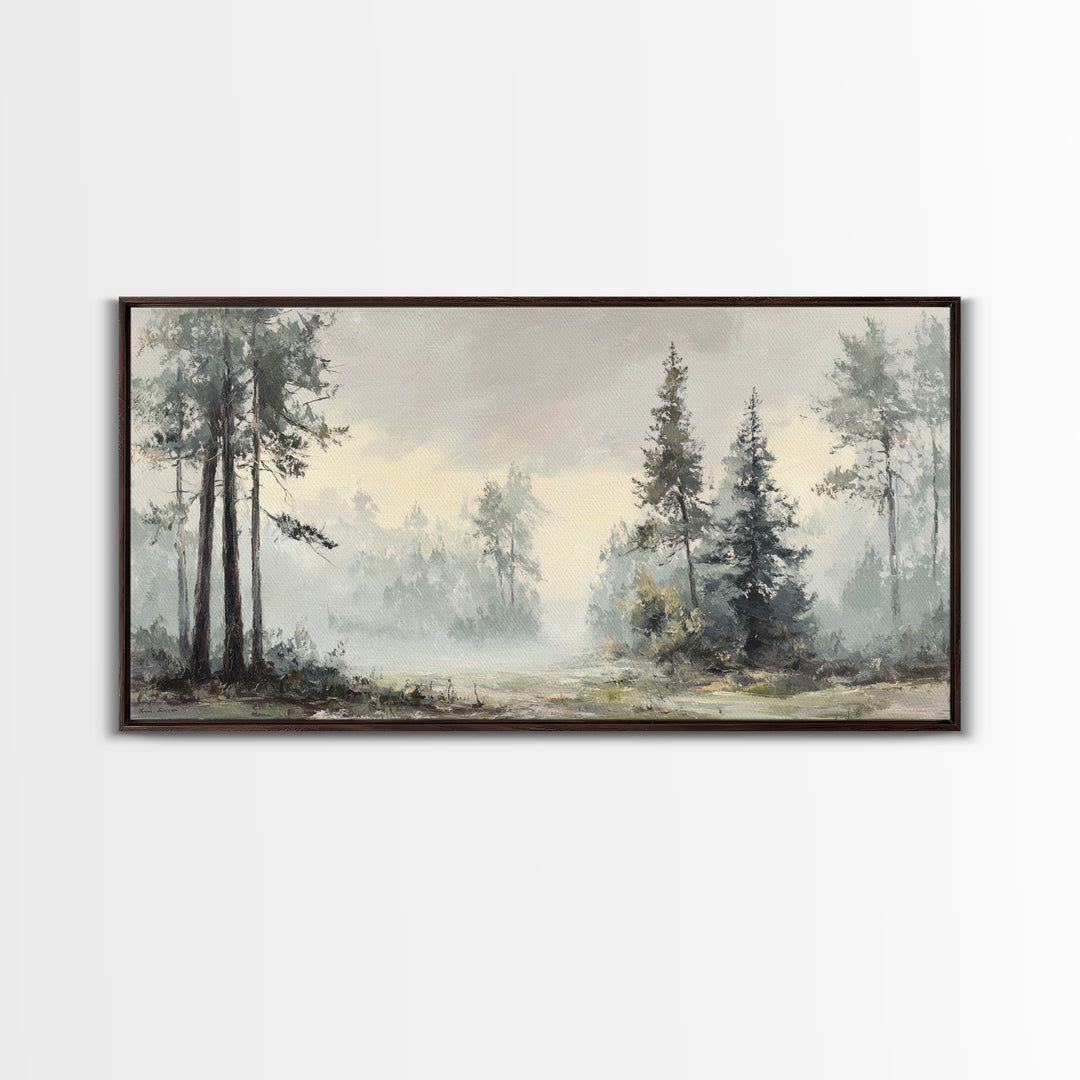 Moody Foggy Forest Framed Canvas Print, Black and White Art, Gothic Decor, Living Room Decor, Oil Painting, Monochrome, BAW-2x1-3
