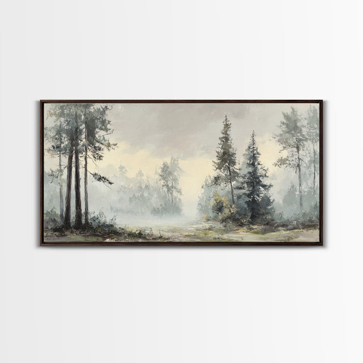 Moody Foggy Forest Framed Canvas Print, Black and White Art, Gothic Decor, Living Room Decor, Oil Painting, Monochrome, BAW-2x1-3