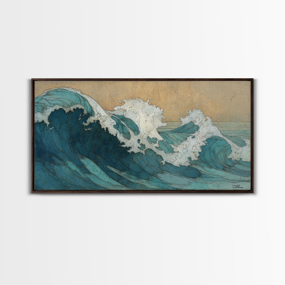 Stormy Ocean Wave Framed Canvas Print, Black and White Art, Minimalist Decor, Living Room Decor, Oil Painting, Monochrome, BAW-2x1-30