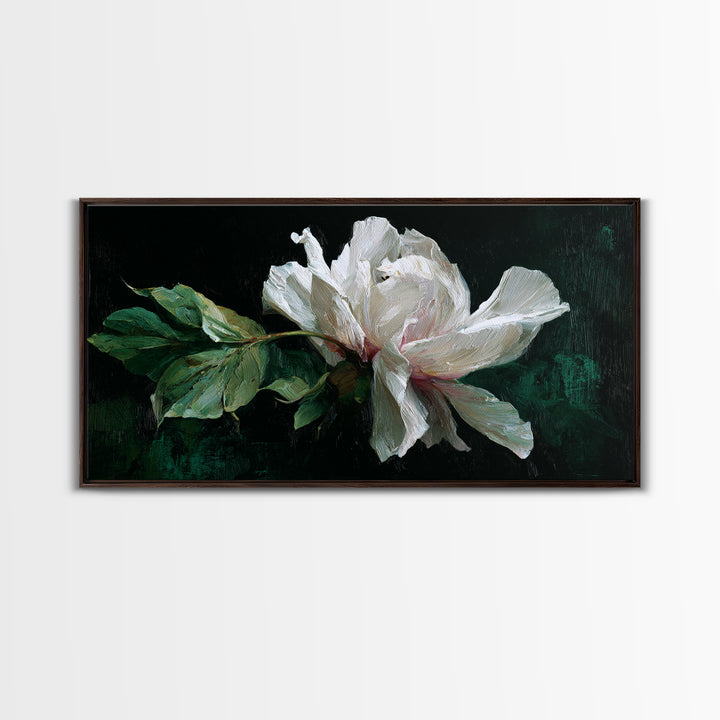 White Flower on Deep Black Background Canvas Print, Black and White Art, Wall Art, Living Room Decor, Watercolor Art, BAW-2x1-32