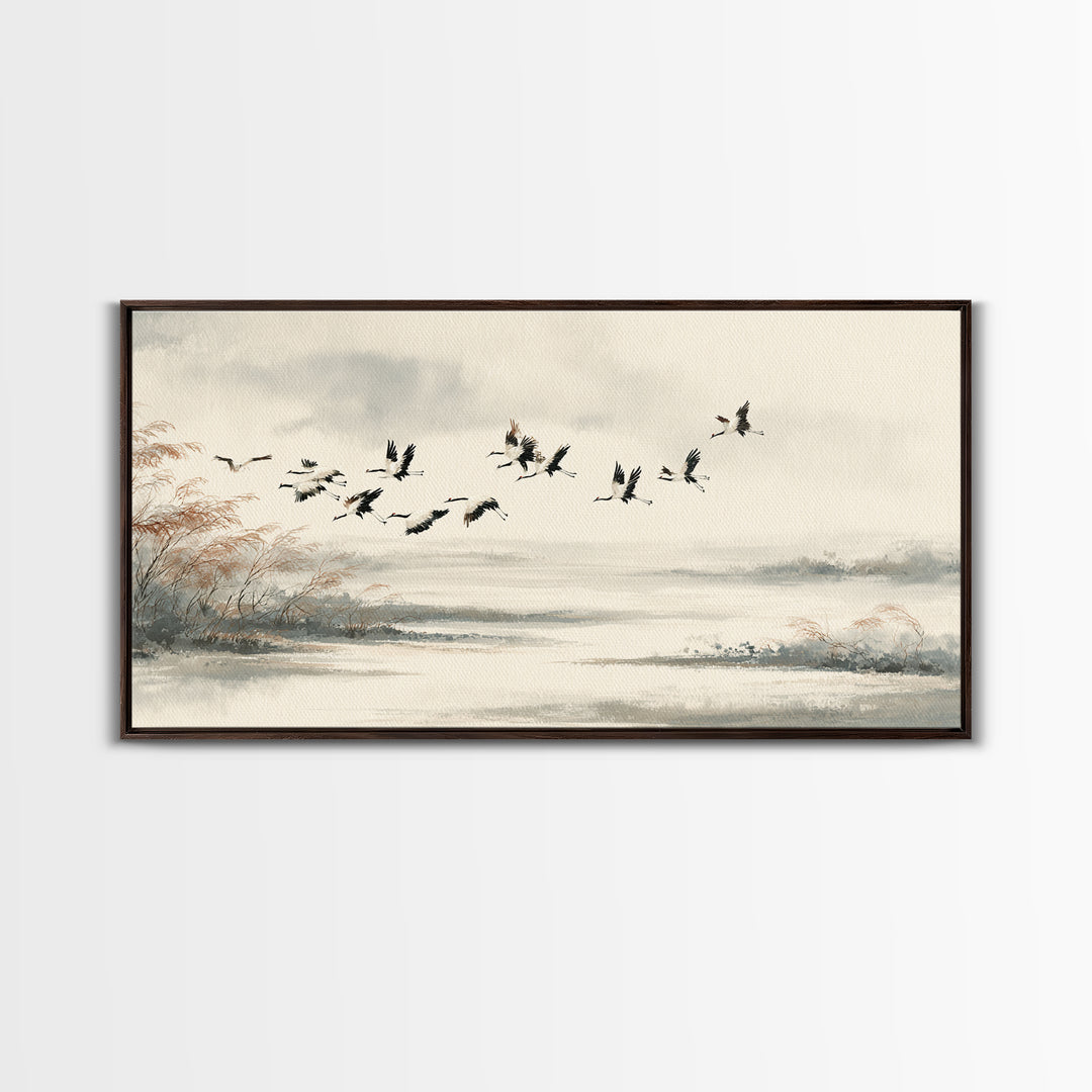 Black Ink Crane Flying Across Empty Sky Canvas Print, Black and White Art, Digital Prints, Living Room Decor, Monochrome, BAW-2x1-33