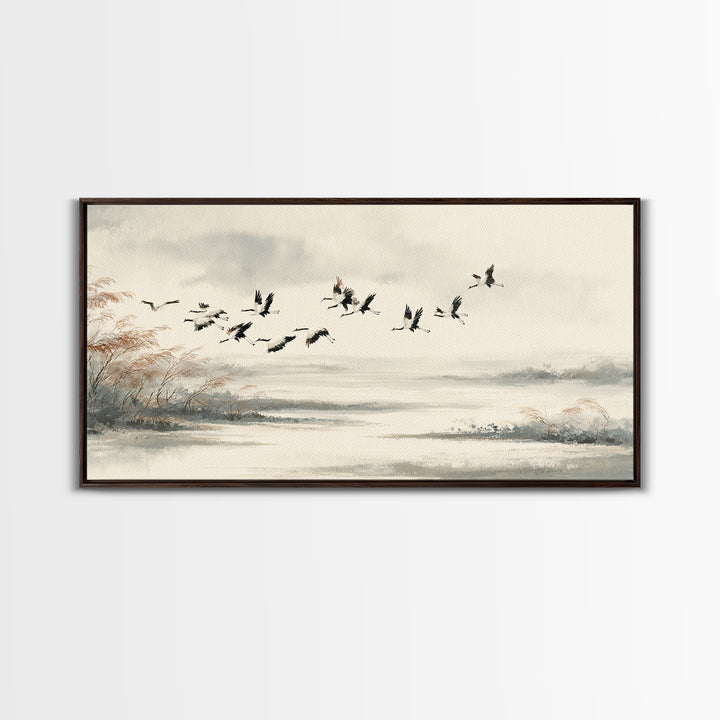 Black Ink Crane Flying Across Empty Sky Canvas Print, Black and White Art, Digital Prints, Living Room Decor, Monochrome, BAW-2x1-33