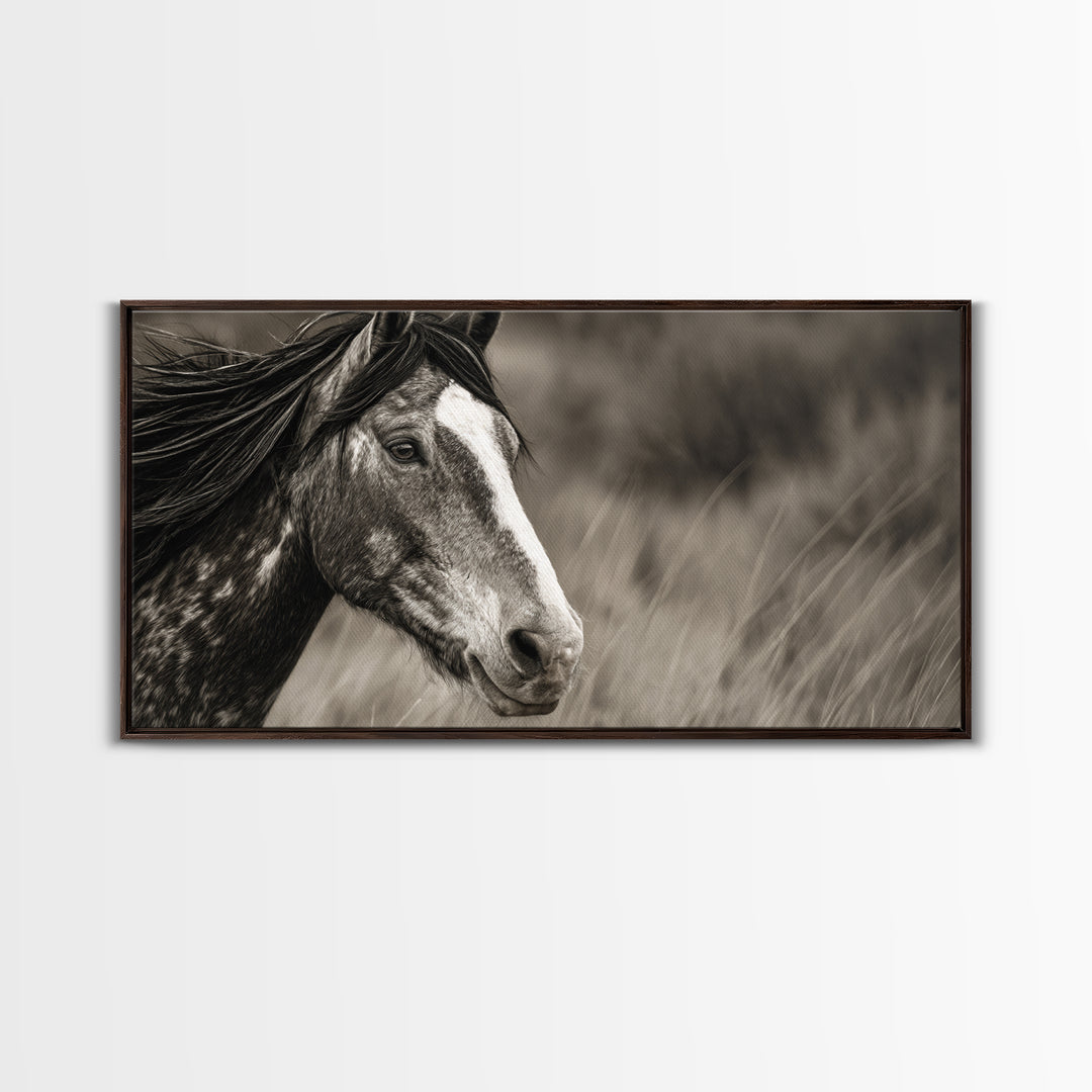 Black and White Wild Horse Portrait Canvas Print, Black and White Art, Large Wall Art, Living Room Decor, Fine Art, Monochrome, BAW-2x1-49