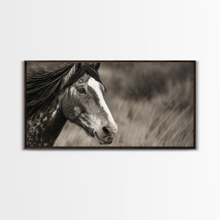 Black and White Wild Horse Portrait Canvas Print, Black and White Art, Large Wall Art, Living Room Decor, Fine Art, Monochrome, BAW-2x1-49