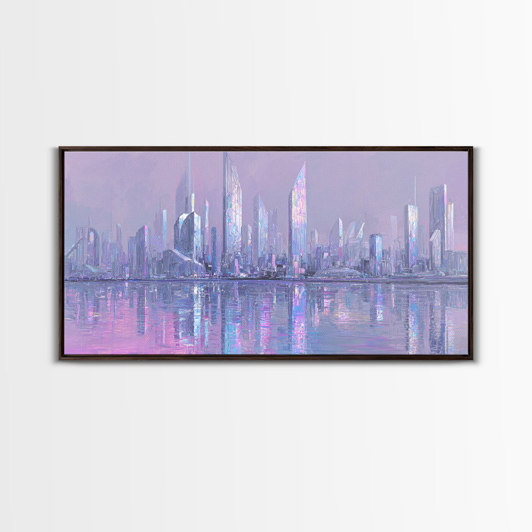 Monochrome City Skyline Reflected Framed Canvas Print, Black and White Art, Wood Wall Art, Living Room Decor, Monochrome, BAW-2x1-55