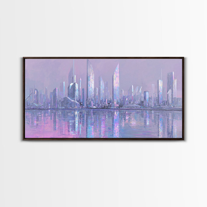 Monochrome City Skyline Reflected Framed Canvas Print, Black and White Art, Wood Wall Art, Living Room Decor, Monochrome, BAW-2x1-55