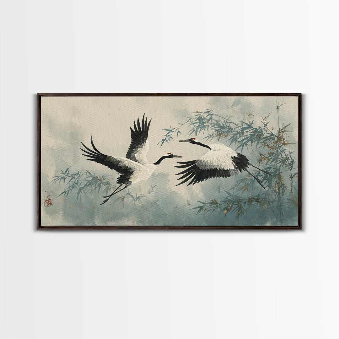 Black Ink Crane Flying Across Empty Sky Canvas Print, Black and White Art, Printable, Living Room Decor, Fine Art, Monochrome, BAW-2x1-57