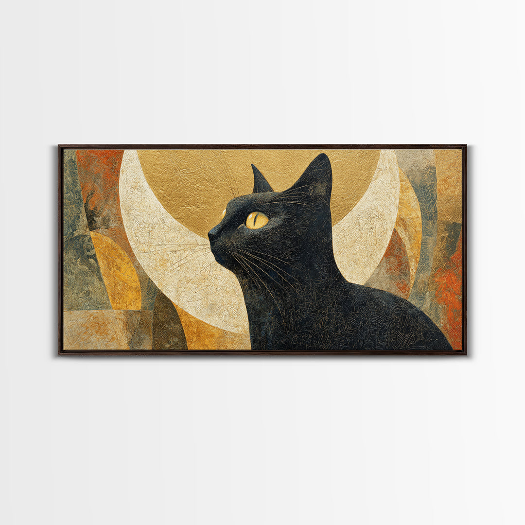 Black Cat Silhouette Framed Canvas Print, Black and White Art, Art Prints, Living Room Decor, Oil Painting, Monochrome, BAW-2x1-60