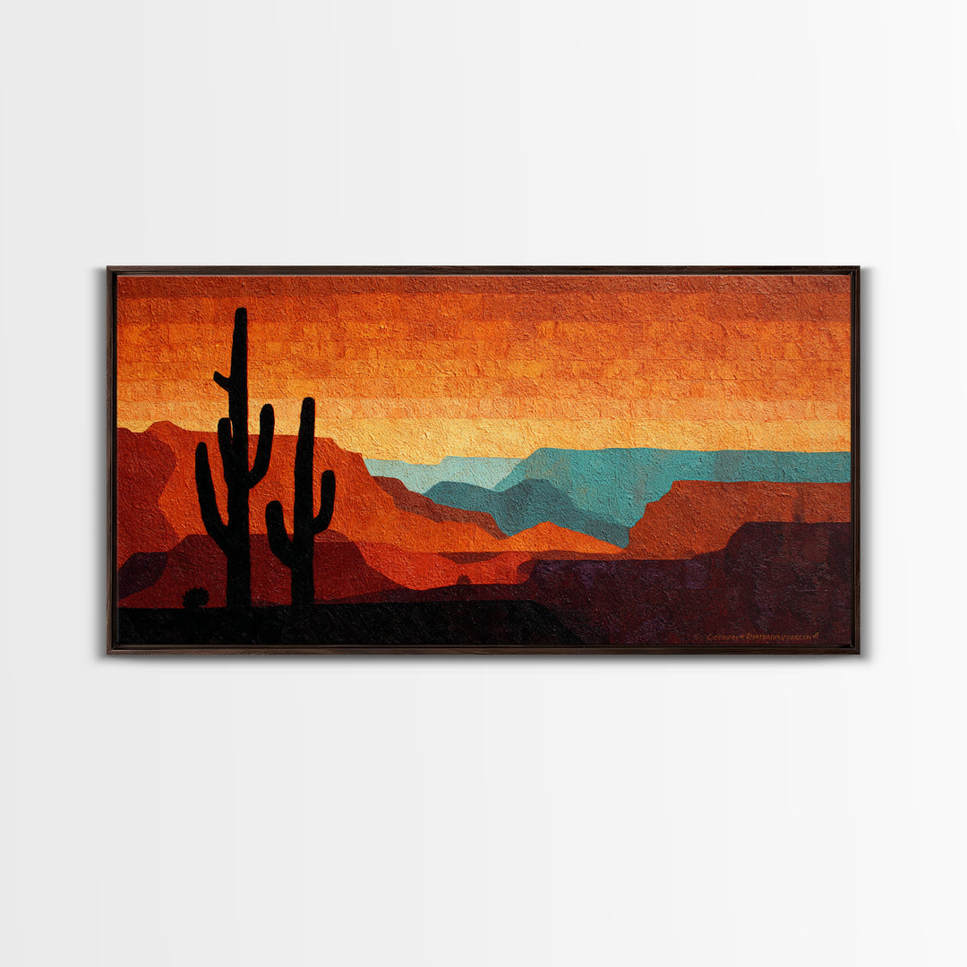 Monochrome Desert Cactus Silhouette Canvas Print, Black and White Art, Mid Century Modern, Living Room Decor, Monochrome, BAW-2x1-65