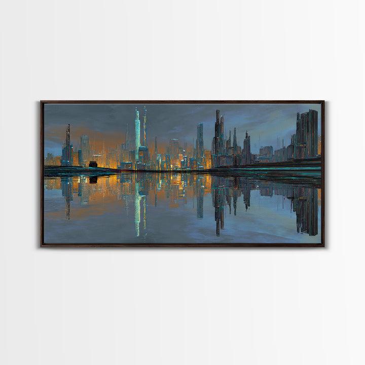 Monochrome City Skyline Reflected Framed Canvas Print, Black and White Art, Halloween Decor, Living Room Decor, Abstract Art, BAW-2x1-7