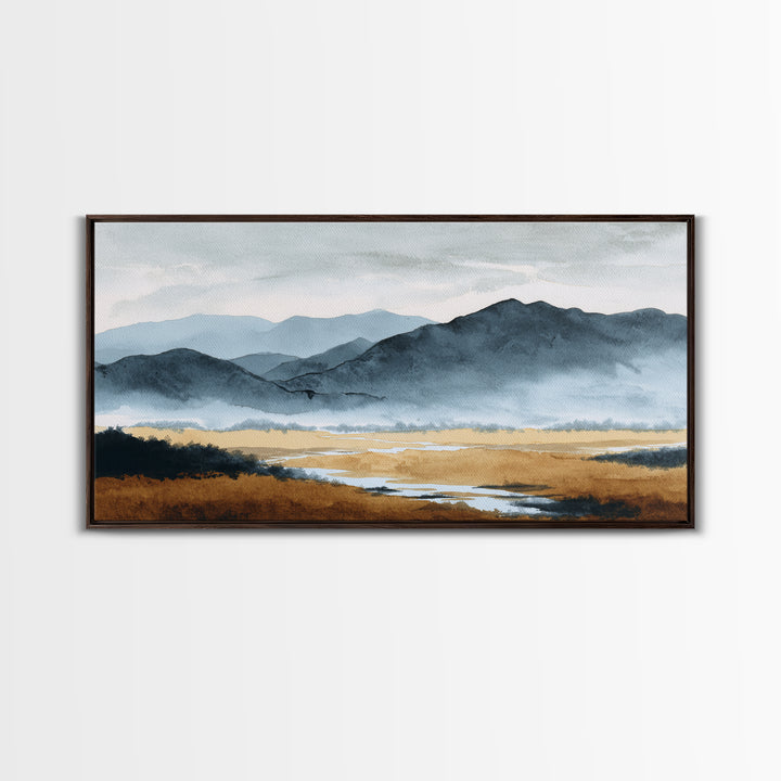 Black Ink Mountain Range Canvas Print, Black and White Art, Living Room Decor, Oil Painting, Monochrome, Abstract Wall Art, BAW-2x1-70