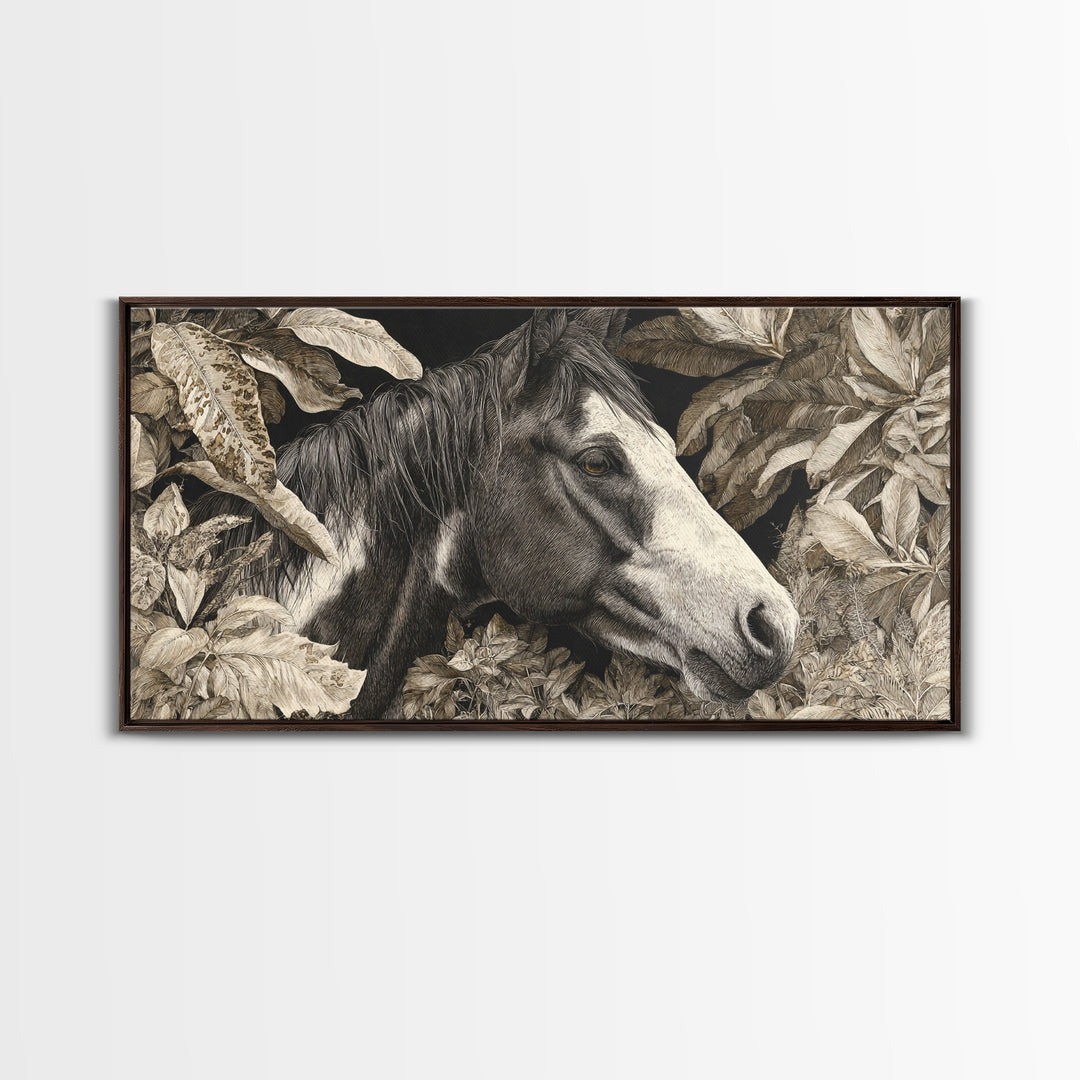 Black and White Wild Horse Portrait Canvas Print, Black and White Art, Large Wall Art, Living Room Decor, Fine Art, Monochrome, BAW-2x1-73
