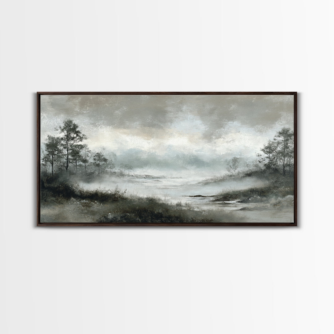 Moody Foggy Forest Framed Canvas Print, Black and White Art, Room Decor, Living Room Decor, Fine Art, Monochrome, Art Print, BAW-2x1-75